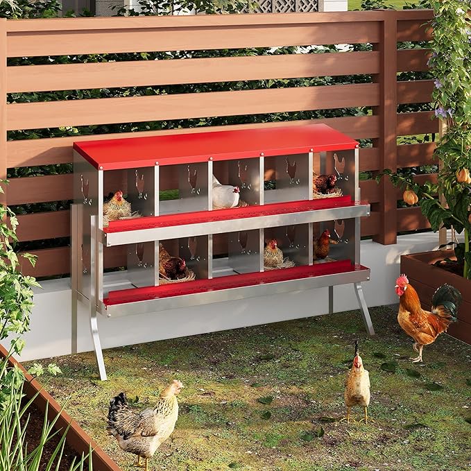 Wall-Mountable Galvanized Steel Chicken Nesting Boxes, 6/8Hole Metal Laying Box with Ventilated Design, Roll Away Egg Collection Tray, Weatherproof Hen Roosting Boxes for Coop