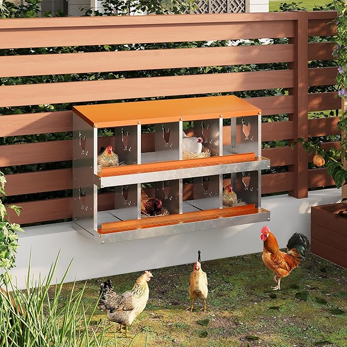 Chicken Nesting Box,8 Compartments Galvanized Steel Metal Chicken Laying Box with Roll Out Egg Collection,Wall Mount Chicken Nesting Boxes,Easy Egg Collection, Hen Roosting Boxes