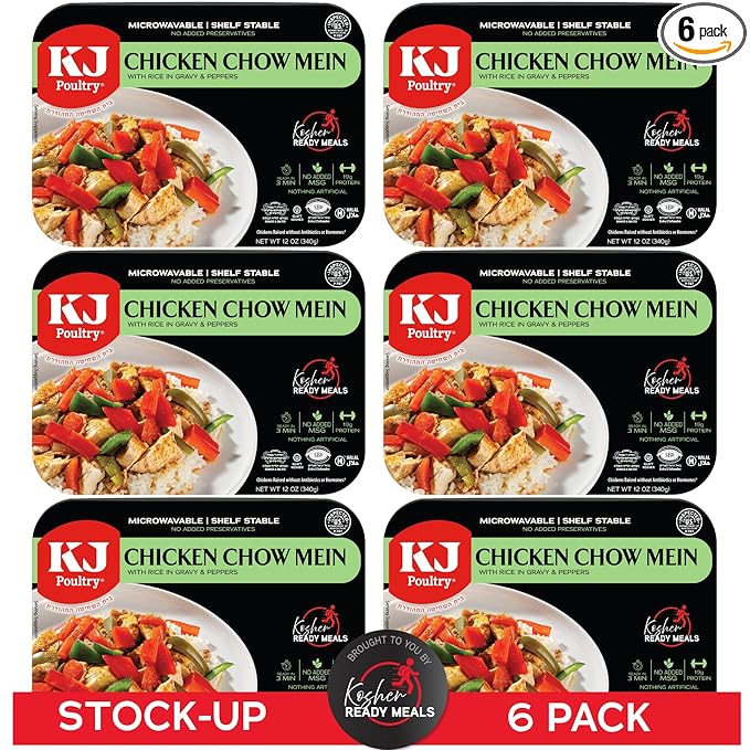 KJ Poultry Kosher Ready Meals - Chicken Chow Mein, MRE Meat Meals Ready to Eat, Gluten Free, Halal, (6 Pack) Prepared Entree Fully Cooked, Shelf Stable Microwave Dinner Travel Military Camping