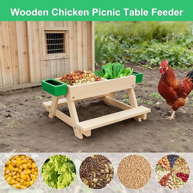 Chicken Picnic Table, Wooden Chicken Feeder No Waste Handmade Carbonized, Large DIY Picnic Table and 2 Water Feeder Kit, Mesh Bottom Keeps Food Fresh and Dry for Wild Birds, Ducks, Squirrels