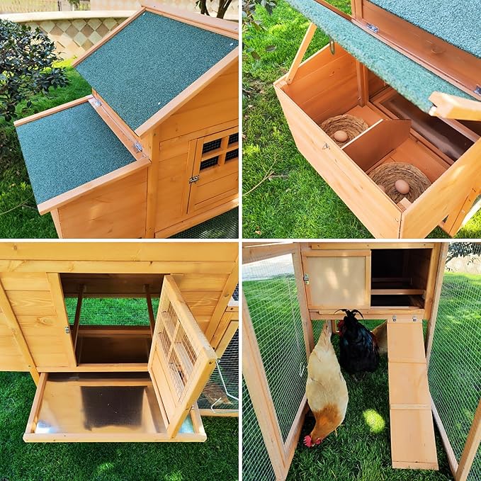 Outdoor Chicken Coop Wooden Hen House Poultry Pet Hutch Run Cage w/Waterproof Asphalt Roof, Ramp, Nesting Box, Wire Fence 121"
