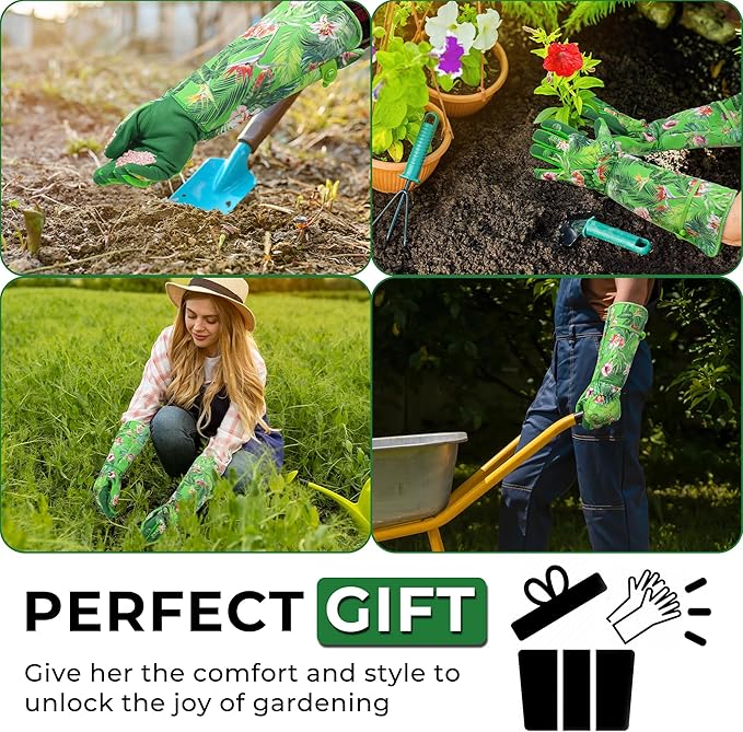 HANDLANDY Women Gardening Gloves, Scratch Resistant Breathable Ladies Rose Pruning Long Gauntlet Floral Print Garden Yard Gloves, Gift for Gardeners (Grass Green, XL)