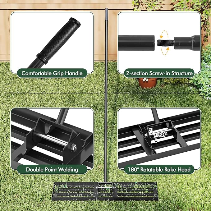 Happygrill Lawn Leveling Rake, Heavy Duty Lawn Level Tool for Soil w/67” Handle, Dirt Ground Leveler, Effort-Saving Landscape Rake for Garden, Backyard, Golf Course, Farm, Pasture (36" x 10", Black)