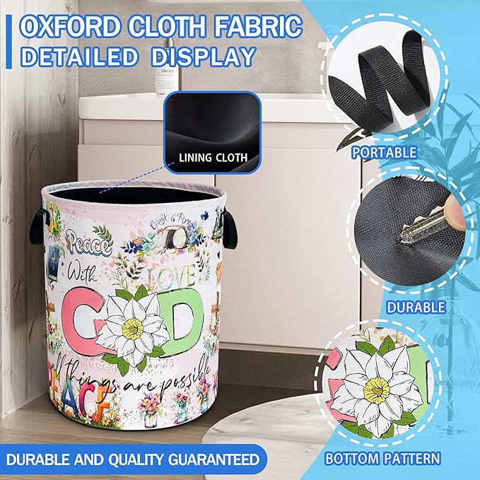 Christian Peace Laundry Basket God Bible Verse Oxford Cloth Laundry Hamper With Handle Foldable Portable Clothes Storage Basket 18.9 X 16.5 In Storage Bag For Laundry Room/Bathroom/Bedroom/Dormitories