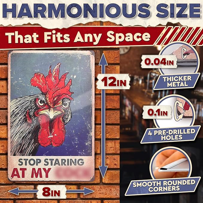 Chicken Coop Signs 8 x 12 Inches – Dont Staring at My Funny Signs, Rooster Decor – Lightweight Durable Tin Metal Wall Decor for Bathroom, Fade-Resistant, Easy to Install, Indoor/Outdoor Use | Decorative and Practical Gift