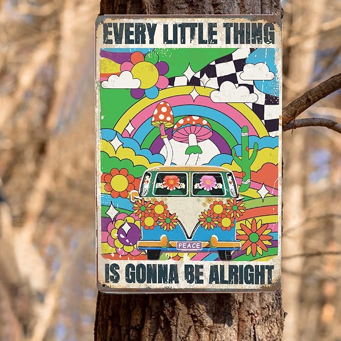 Hippie Bus Every Little Thing Is Gonna Be Alright Vintage Metal Poster Sign Decor-Retro Aluminum Metal Tin Sign for Home Wall Decor, Garden, Bedroom, Signs Gift,12''x 8''