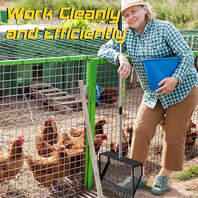 Chicken Poop Scooper & Rake 2-in-1 Stainless Steel Handle 5 in 1- Adjustable Height 22" to 75" Ideal for Chicken Coop Accessories Dog Poop Scooper for Yard Efficient Coop Cleanup Tool