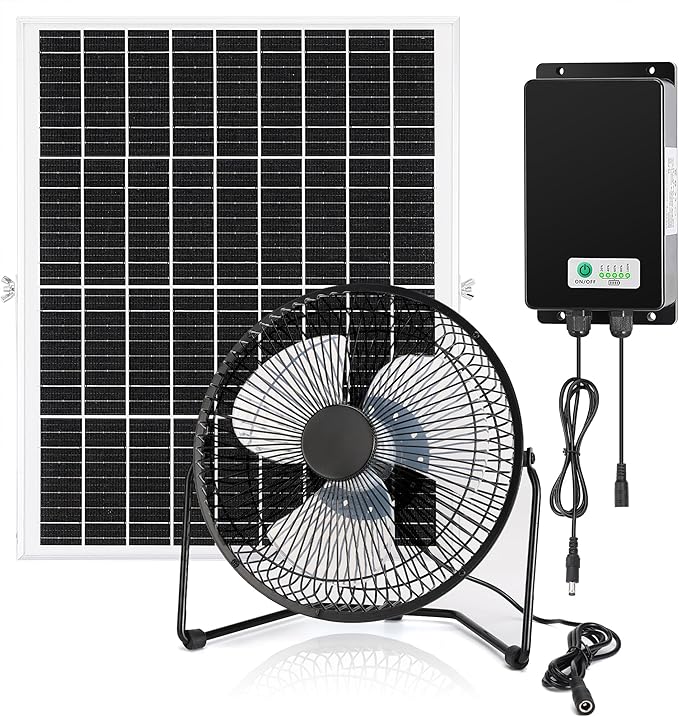 8" Solar Rechargeable Fan, 25W Solar Powered Floor Fan with 66.6 Wh Battery Backup for Outdoor Greenhouse, Chicken Coop, Pet House Air Circulation Cooling