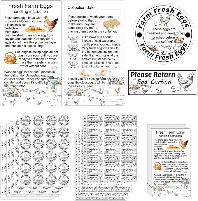 1400 Pcs Egg Stickers Kit for Farm Fresh Eggs 200 Egg Handling Instructions Stickers 600 Farm Fresh Eggs Stickers 600 Please Return Egg Carton Stickers for Egg Sellers Farmers Market Local Egg Dealer