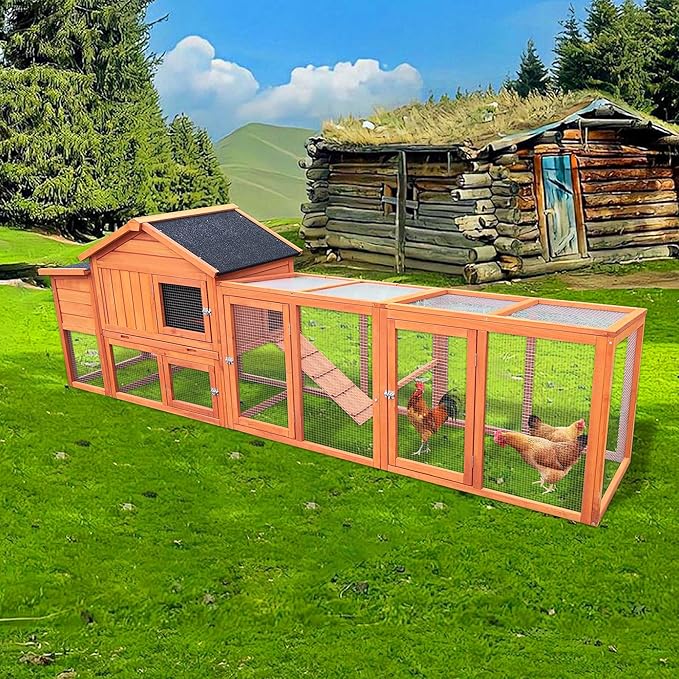 ZMAD Large Chicken Coop with Run, Wooden Hen House for 2-5 Chickens, Outdoor Chicken Run Poultry Cage Rabbit Cage Duck House with Nesting Box (Red)