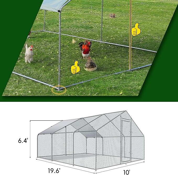 Betterhood Large Metal Chicken Coop Upgrade Tri-Supporting Wire Mesh Chicken Run,Chicken Pen with Water-Resident and Anti-UV Cover,Duck Rabbit House Outdoor(10’ W x 19.5’ L x 6.5’ H)