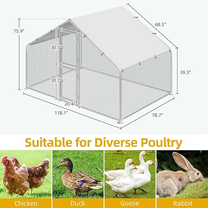 DWVO Large Metal Chicken Coop for 10 Chickens, 6.6 x 9.8 x 6.4 ft Walk-in Poultry Cage Chicken Run for Yard Outdoor with Waterproof and Anti-UV Cover Duck House Chicken Pen
