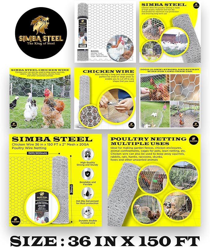 Chicken Wire 36 in x 150 FT x 2” Mesh x 20GA | Poultry Wire Netting | Hot Dipped Galvanised | Hexagonal Galvanized Mesh for Chicken Coop, Rabbit Cage, Fence Barrier PM36x150x2