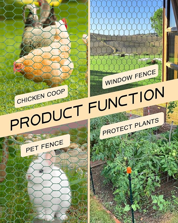 Chicken Wire 15.7in x 236in with a Pair of Gloves，1 Wire Cutter，50 Pcs Cable Zip Ties, Floral Chicken Wire Mesh 0.8in Hexagonal Galvanized PVC Coated Garden Netting Fence for Craft Poultry Garden