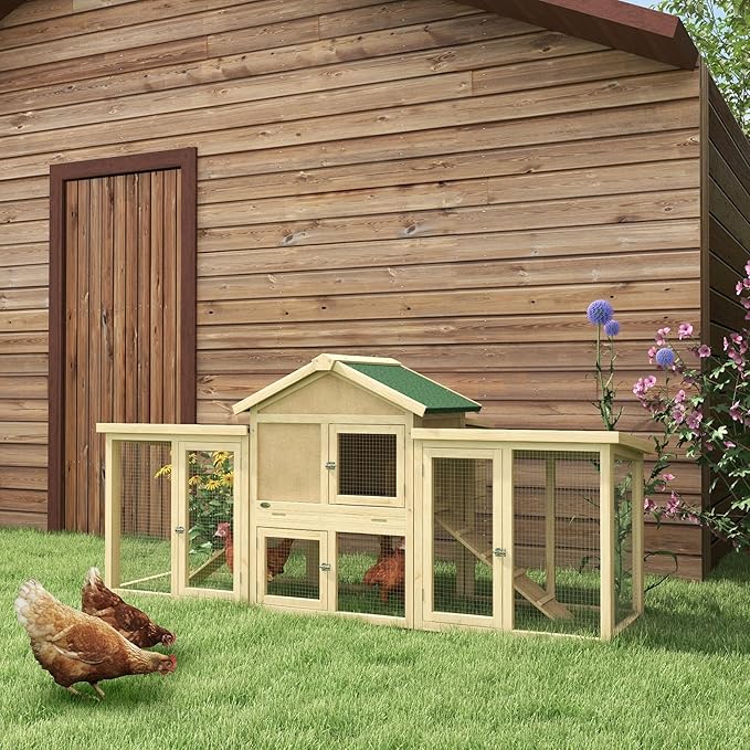 PawHut 80" Chicken Coop, Wooden Outdoor Chicken Cage Hen House with Nesting Box, Double Runs, Removable Tray, Ramps, for Backyard