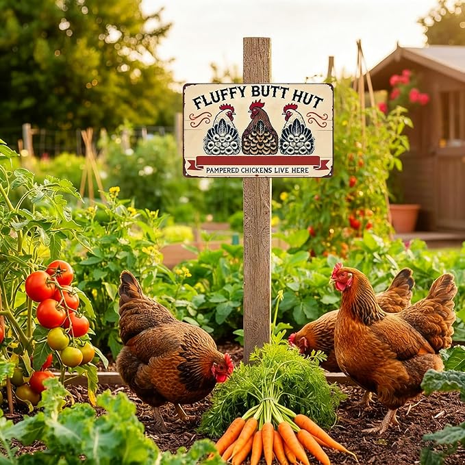 Funnysign Vintage Fluffy Butt Hut Pampered Chickens Live Here Chicken Tin Sign for Chicken Coop Farm Kitchen Garden Yard Decor 8x12 inch (3940)