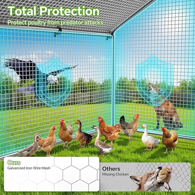 Large Metal Chicken Coop Run with Roosting Perch, Outdoor Poultry Cage with Heavy Duty Wire Mesh and UV-Resistant Cover for Chickens Use, Spire Roof (8.9'W x11.8'L x 6.6'H)