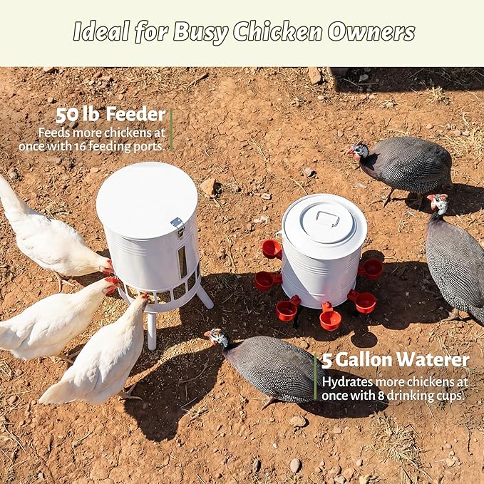 KOL 50LB Chicken Feeder & 5 Gallon Chicken Waterer Set, All-Metal 16 Port Feeder + 8 Cup Auto Waterer, No Waste, Weatherproof Poultry Feeding System Chicken Coop Accessories