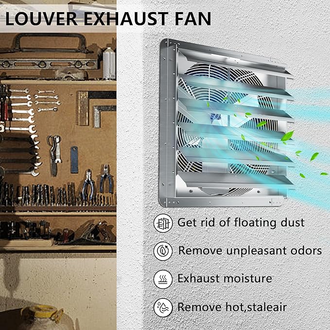24 Inch Shutter Exhaust Fan, Aluminum Wall Mounted Exhaust Fan, 5280 CFM High Speed Automatic Shutter Attic Fan, Vent Fan For Greenhouse,Shed,Shop,Garage,ETL Listed