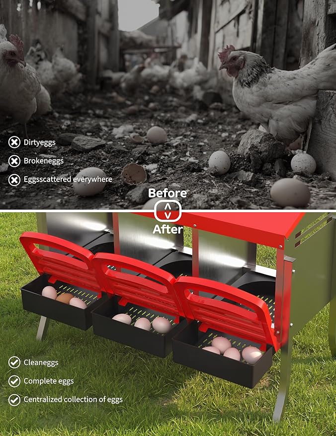 Chicken Nesting Box with Nesting Pads, Galvanized Steel Nest with Roll Away Egg Collection & Swing Perch, Easy-Clean Laying Box for Hens, Heavy Duty Design for Chicken Coop