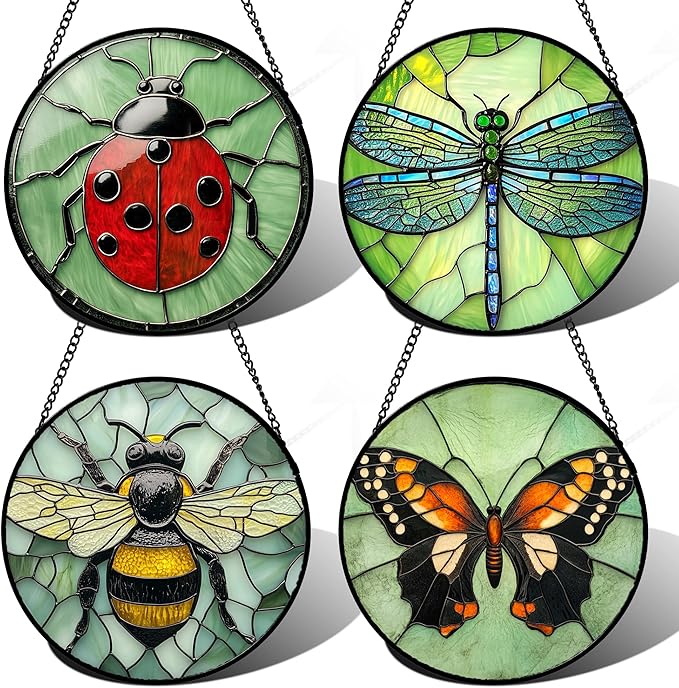 Stained Glass Window Hanging 4 Pcs Set Butterfly Dragonfly Bee Ladybug 6.3" - Suncatcher Door Garden Sun Catcher Decor Birthday Mother's Day for Mom Woman Nana Men