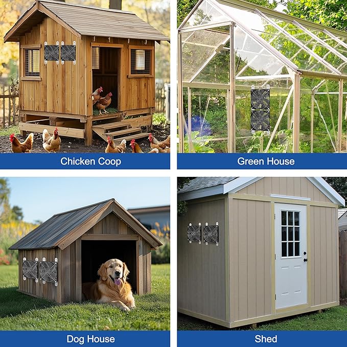 Solar Exhaust Fan for Chicken Coop with Battery and Adjustable Thermostat, Solar Powered Fan with 25W Bifacial Solar Panel & Dual 5.5" Fans Kits