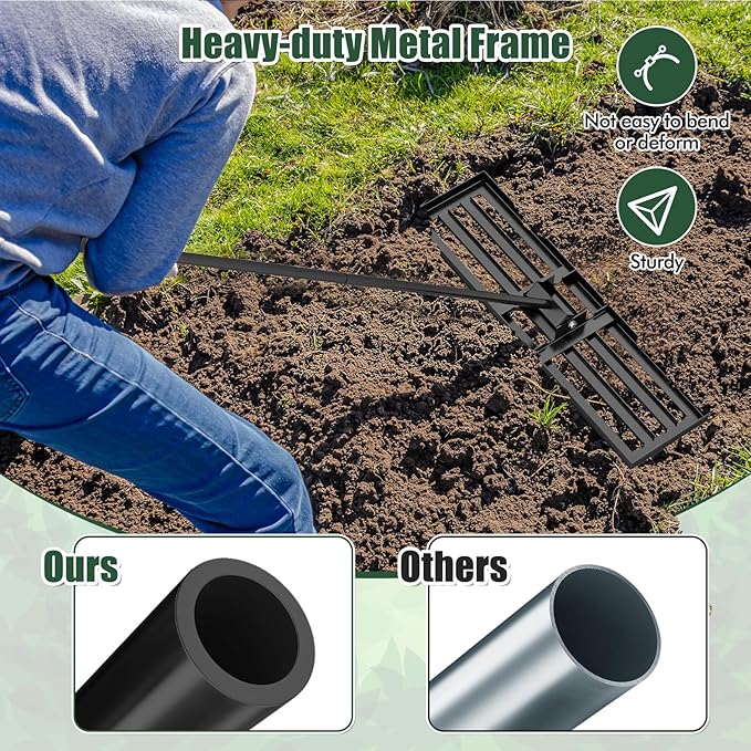 Happygrill Lawn Leveling Rake, Heavy Duty Lawn Level Tool for Soil w/67” Handle, Dirt Ground Leveler, Effort-Saving Landscape Rake for Garden, Backyard, Golf Course, Farm, Pasture (36" x 10", Black)