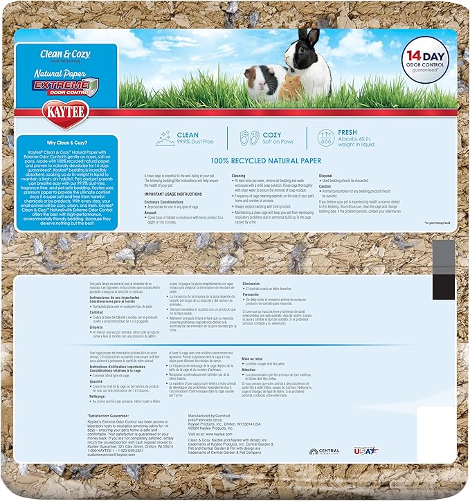 Kaytee Clean & Cozy Natural Paper with Extreme Odor Control Bedding, Made with 100% Recycled Paper