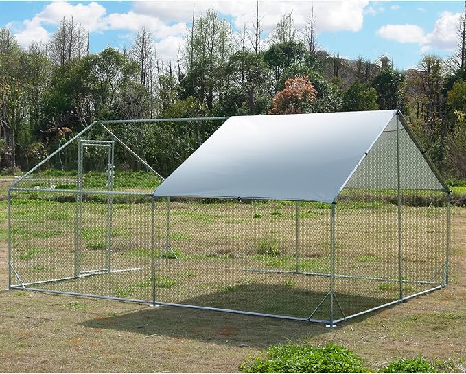 Large Metal Chicken Coop Walk-in Poultry Cage Hen Run House Spire Shaped Cage with Waterproof and Anti-Ultraviolet Cover for Outdoor Backyard Farm Use (13.2’ L × 9.84’ W)