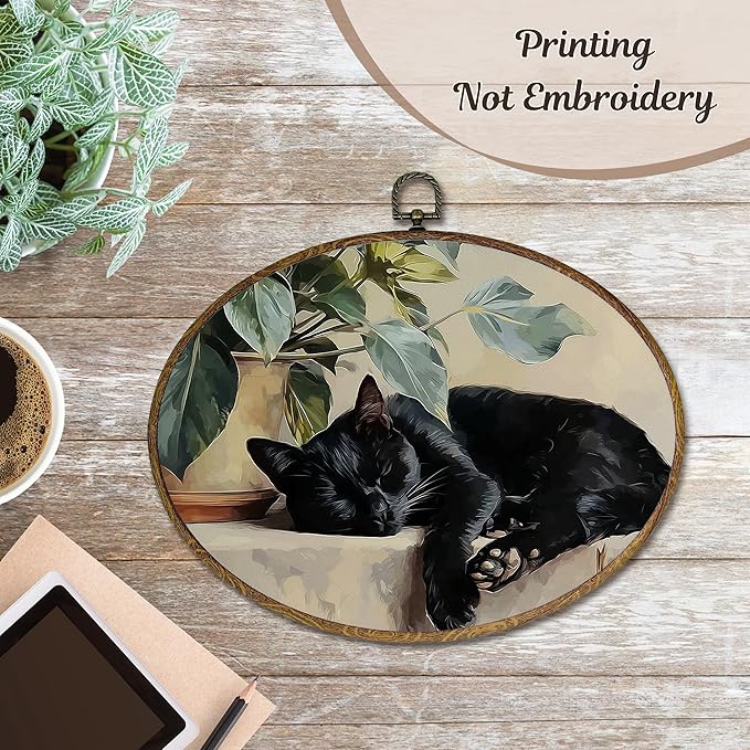 LKETW Vintage Black Cat Sleeping Oval Wall Art Decor, Black Cat Gifts for Women Oval Canvas Hanging Decor, Cottagecore Farmhouse Kitty Wall Decorations for Home Bedroom Living Room, 8.6x11.4 Inch
