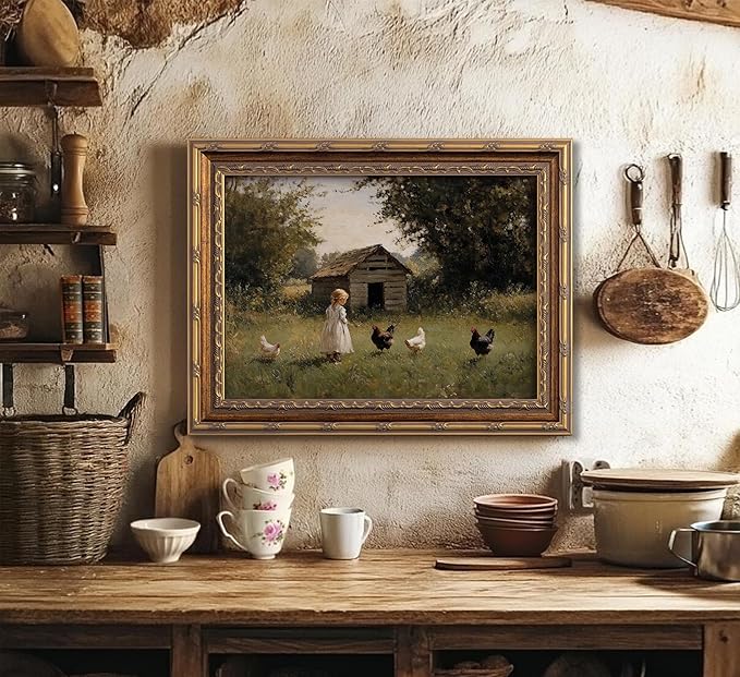 Vintage Gold Framed Farmhouse Chicken Wall Art Retro Country Farm Girl and Chicken Canvas Wall Decor Retro Rustic Poster Artwork Farmhouse Animal Picture for Home Living Bedroom 16x24in
