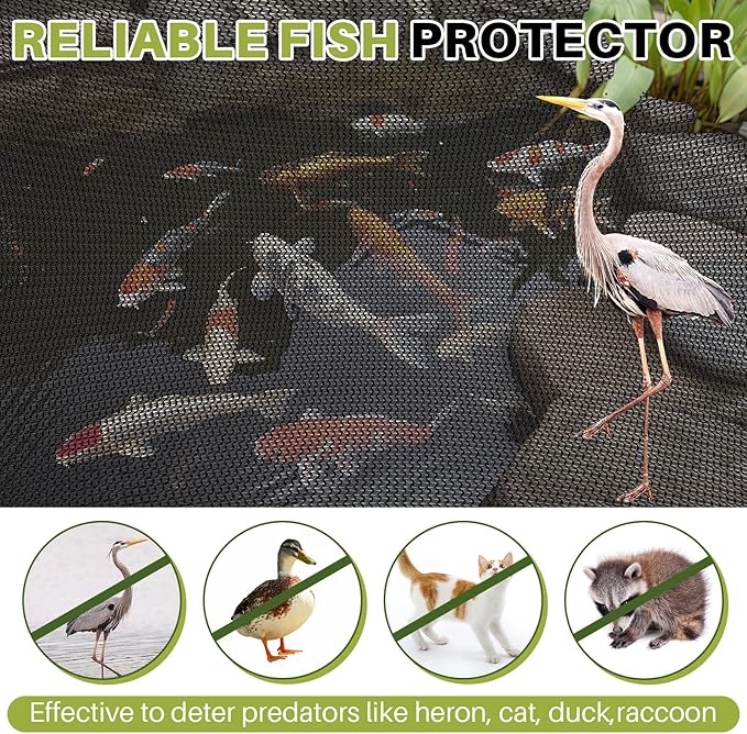 Koi Pond Netting Kit 12 x 100ft, Heavy-Duty Pe, Bird Deer Fence Netting, Durable Net Cover for Leaves, Protect Fish from Blue Heron Bird, Cats & Predators, Stakes & Ties Included