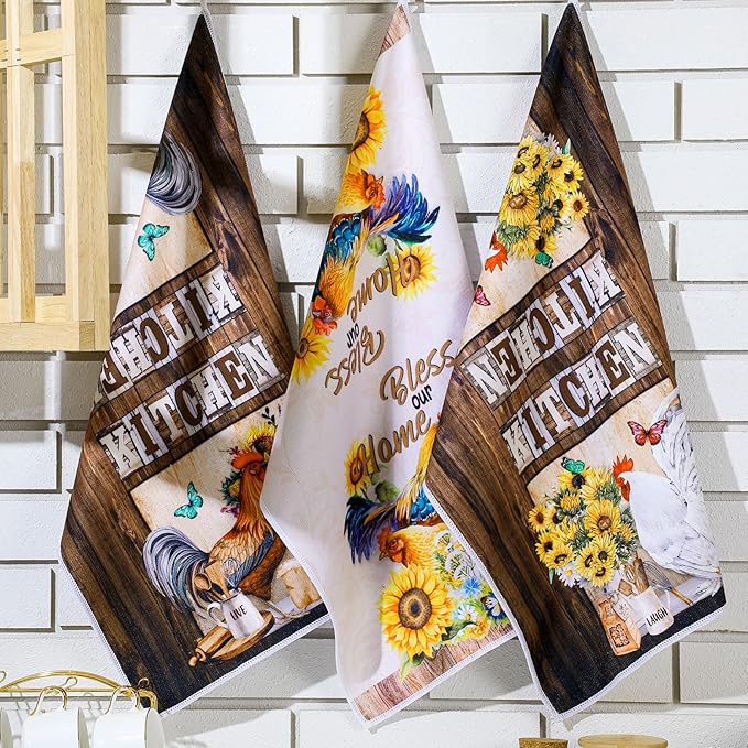 Bencailor 6 Pcs Farmhouse Kitchen Towels Chicken Rooster Kitchen Decor Farm Animal Hand Towels for Cooking Baking Housewarming Gift,15.75 x 23.62 inch(Multicolor,Sunflower Rooster)
