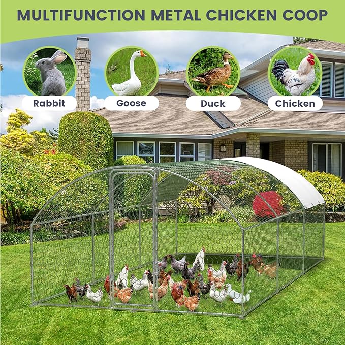Large Metal Chicken Coop, Outdoor Chicken Runs for Yard with Cover,Large Chicken Run with Upgrade Tri-Supporting,Waterproof and UV-Resistant,Walk-in Poultry Cage for Farm Yard(9.8'l x 19.7'w x 6.6'h)