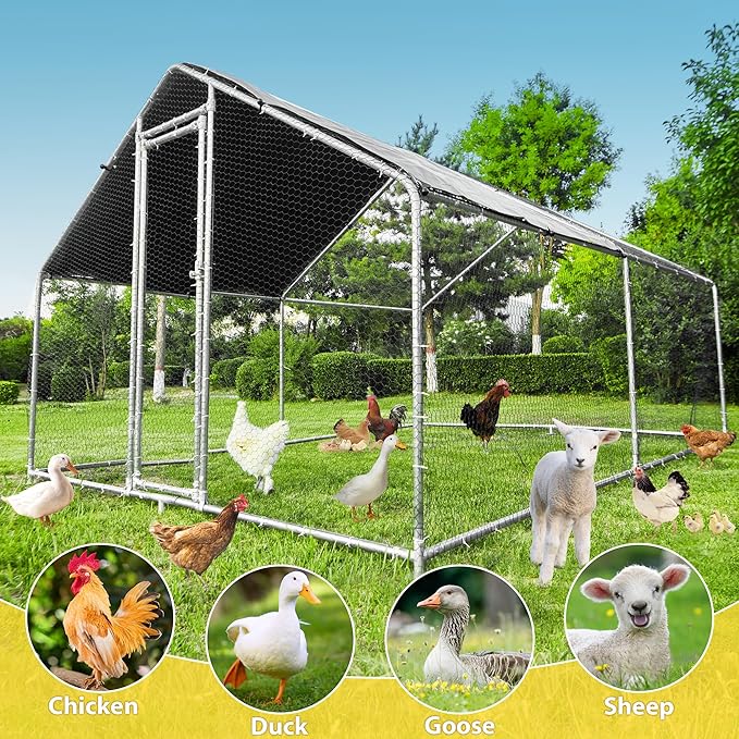 Large Metal Chicken Coop, Chicken Runs for Yard with Cover Walk-in Poultry Cage for 10 20 Chickens, Chicken Pen Duck Coop with Water-Resident Top and Feeding Door, Spire Hen House 12.8Lx9.84Wx6.6H FT