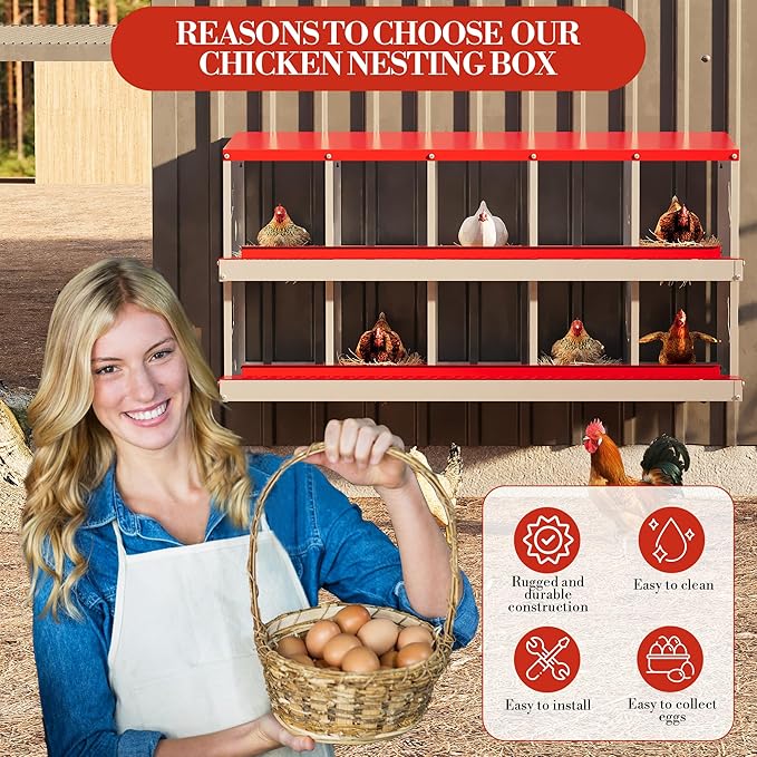 10 Holes Chicken Nesting Boxes, Nesting Boxes for Chickens, Easy to Clean and Install, Chicken Laying Box for Outdoor Chicken Coop Farm Yard, Red