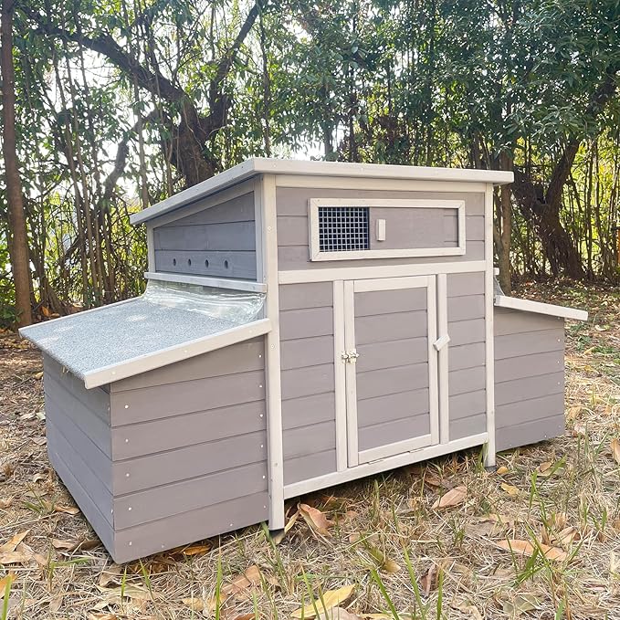 Chicken Coop, 58" Wooden Chicken Coop with 2 Sides Large Nesting Boxes for 4-6 Chickens, Poultry Hutch Rabbit Cage with No-Slip Ramp & Pull-Out Tray for Outdoor Farm Yard (Dark Grey)