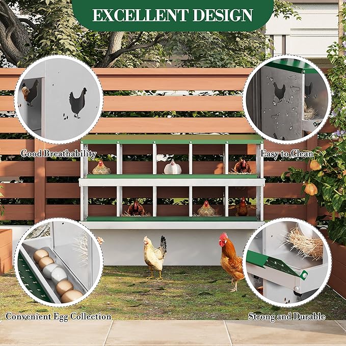 10-Hole Chicken Nesting Box, Rustproof Galvanized Steel Roll-Out Egg Collection with Vented Design, Laying Box for Hens, Poultry Coop Accessories for Egg Layers