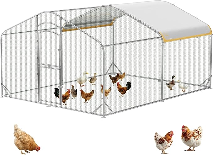 Large Metal Chicken Coop with Run, Walk-in Chicken Run for Yard with Waterproof & Anti-UV Cover, Spire Roof Outdoor Poultry Cage for Chickens Ducks Rabbits Backyard Farm