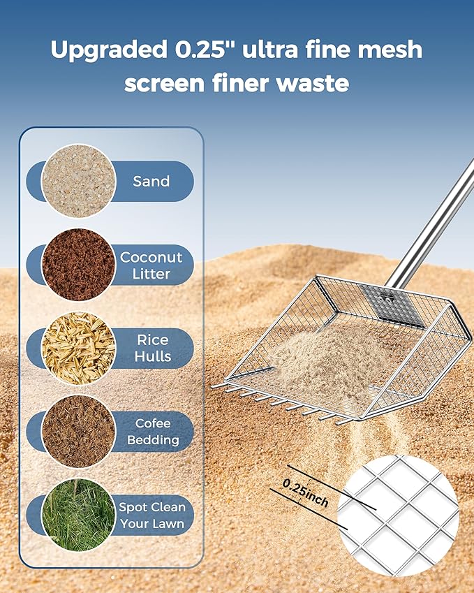 304 Stainless Steel Chicken Poop Scooper with 35" to 62" Adjustable Handle, Chicken Poop Scooper & Rake 2-in-1, Coop Cleaning Tool Scoop, Sifting Shovel for Goat Stall/Stable/Farm