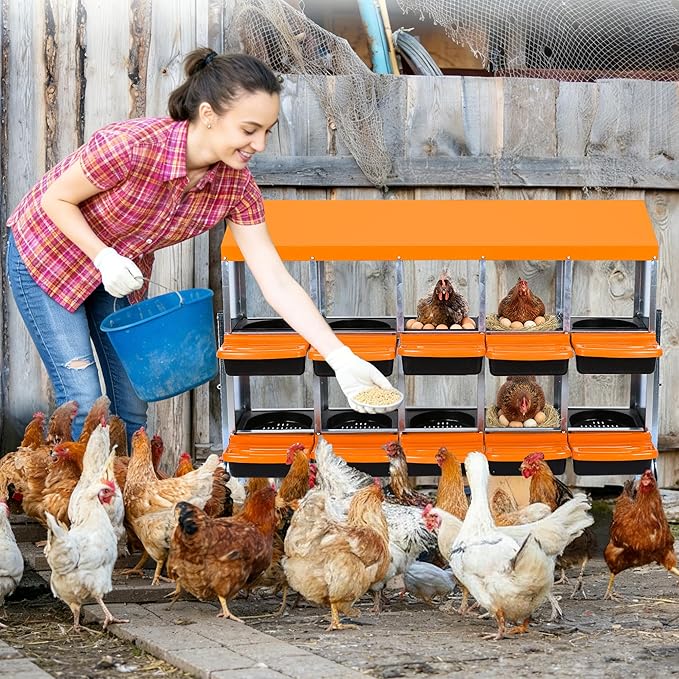 Chicken Nesting Box 10-Hole Roll Away Egg Laying Box with Lid & Stand, Galvanized Steel Rustproof Poultry Coop Box, Easy Clean, Wall Mountable No Bracket Needed for Hens, Orange