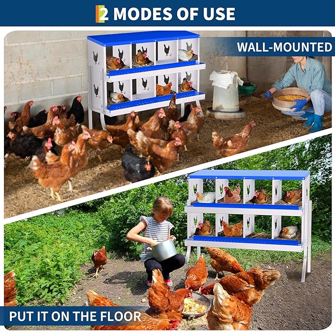 Chicken Nesting Box with Removable Tray,8 Compartment Nesting Boxes for Chickens,Easy to Clean and Install,Durable Chicken Laying Boxes for Chicken Coop,Protects Eggs-with Bracket Legs (Blue)