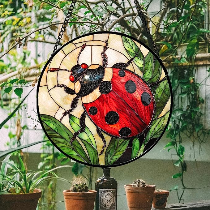 Stained Glass Window Hanging - Red Seven-Spotted Ladybug Sun Catcher for Door Home Decor Insect Suncatcher Christmas Mother's Day Birthday Gifts for Women Men Mom Nana 11.8 in