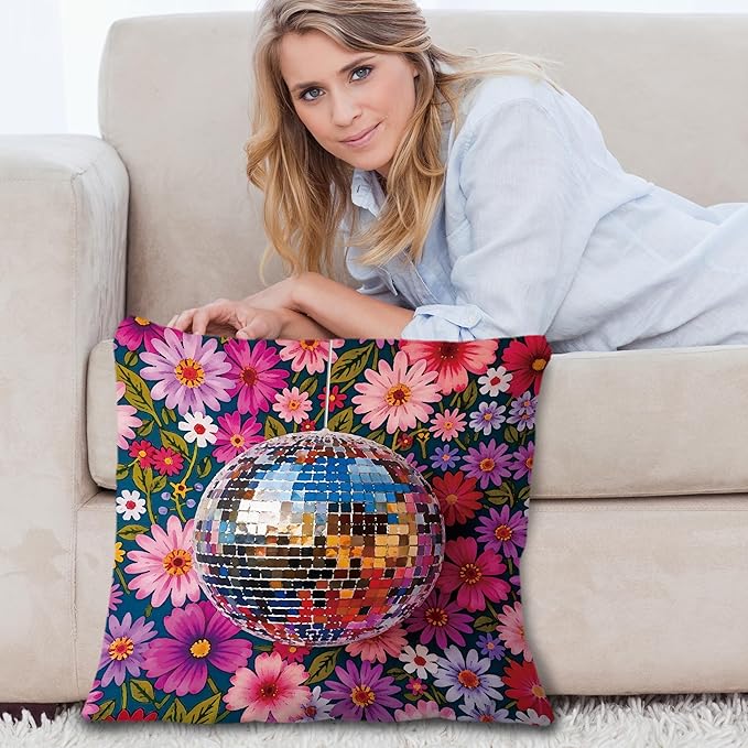 Funky Y2K Maximalist Floral Disco Ball Pillow Covers 18x18, Eclectic Home Decor, Trendy Retro 70s Colorful Flower Botanical Throw Pillow Covers for Home Girls Room Dorm Apartment
