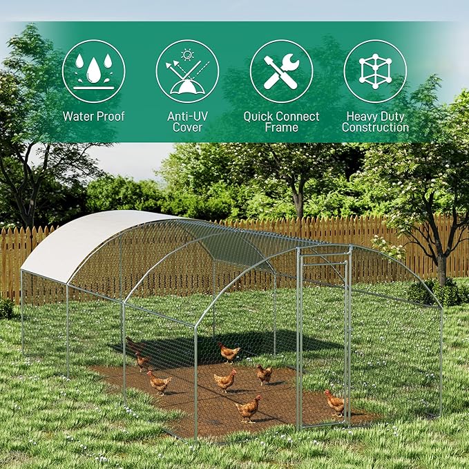 OUYESSIR Outdoor Metal Chicken Coop, Large Walk-in Chicken Run Pen with Waterproof Cover, Rabbit Habitat Dome Roof Dome Poultry Cage for Backyard Farm Use (10'W x 20'L x 6.5'H)