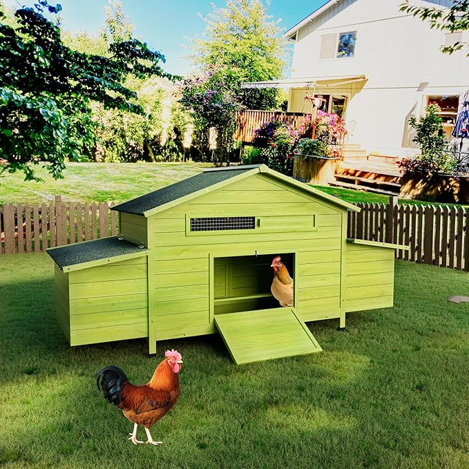 Large Wooden Chicken Coop Outdoor Hen House with Nesting Box，Walk-in Poultry Cage with Secure Locks, Metal Mesh Run for Backyard Farm Use (Green 67.7")