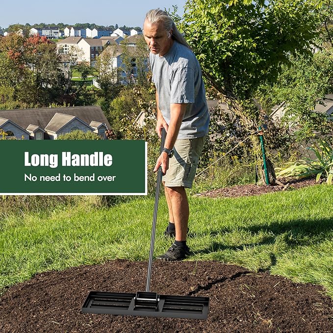 Happygrill Lawn Leveling Rake, Heavy Duty Lawn Level Tool for Soil w/67” Handle, Dirt Ground Leveler, Effort-Saving Landscape Rake for Garden, Backyard, Golf Course, Farm, Pasture (30" x 10", Black)