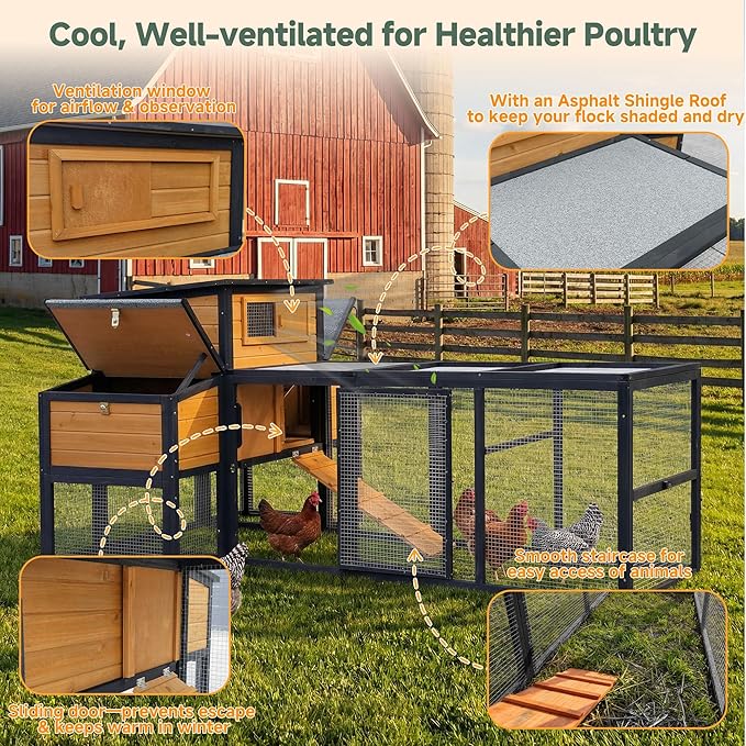 83" Large Wooden Chicken Coop with Run, Outdoor Chicken House for 4-6 Chickens, Ventilation Window & Sliding Doors, Waterproof Felt Roof, Easy-Clean Full Rear Door, Predator-Proof Latches