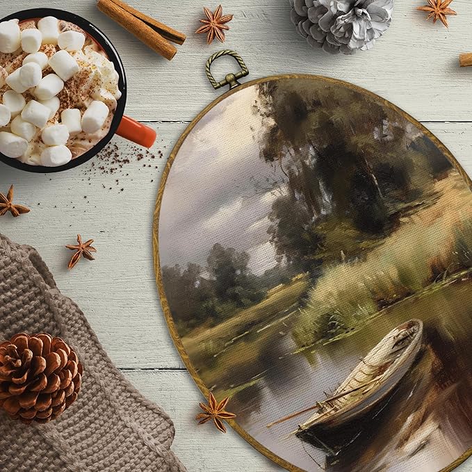 CUANFDDSF Vintage Rustic Lakeside Boat Oval Wall Art Decor, Farmhouse Country Wall Hanging Decor, Retro Countryside Landscape Framed Canvas Prints for Home Bedroom Living Room, 8.6x11.4 Inch