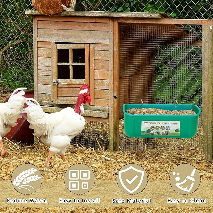 6 Pack Fence Feed Feeder 4.5 Quart Hanging Chicken Feeder Trough with Brush & Scoop Green Goat Hanging Fence Feeders Feeder with Hooks Screws & Zip Tie for Livestock Feeding Container Goats Supplies